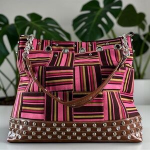 Pink Striped Vegan Leather Studded Bag Rhinestone Glam |Statement Purse Like New